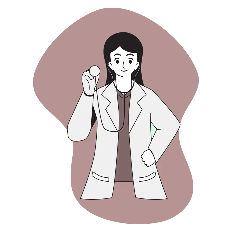 404 Seite Grafik mit einer Doktorin, die ein Stethoskop in der Hand hält und am suchen ist. Passend mit den Farben zu Dr Dzingel.